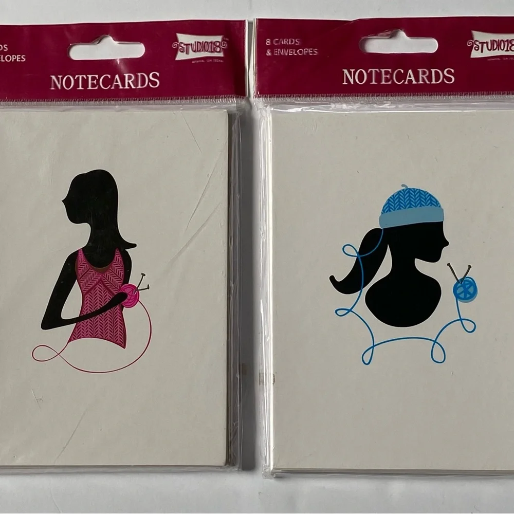 Note Cards 2 Sets Knitting Sewing Pink Blue Lady Fashion New 16 Cards Envelopes